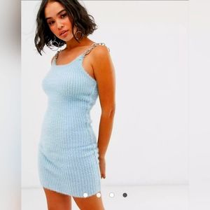 The Ragged Priest Fuzzy Light Blue Mini Dress with Chain Straps Size Large NWT